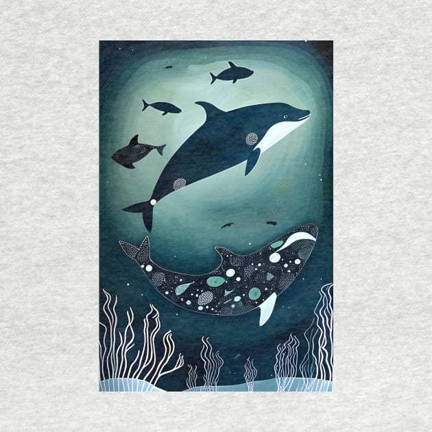 Orcas in the Deep Ocean - Inuit Art by Mistywisp